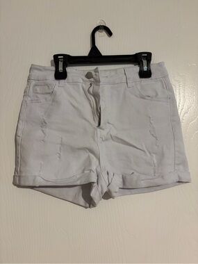 SHEIN White Distressed Rolled-Hem Denim Shorts